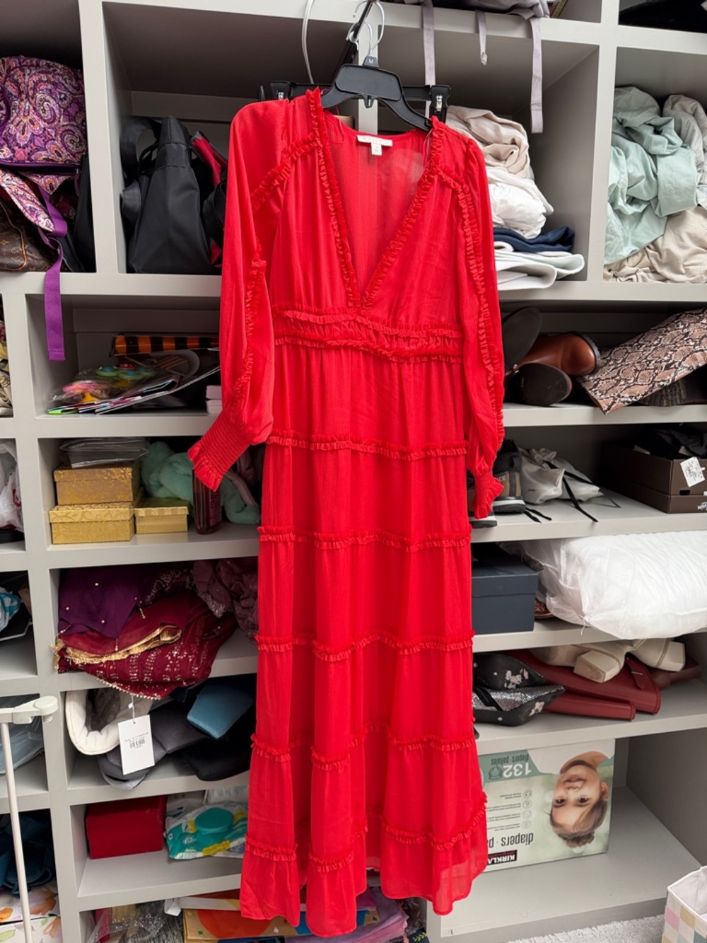 Chelsea & Violet Red Tiered V‑Neck Maxi Dress